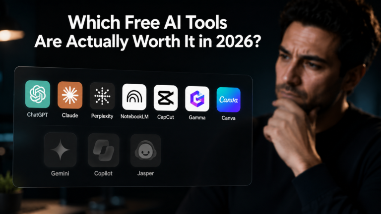 Man evaluating free AI tools 2026 on a dark floating UI panel showing ChatGPT, Claude, Perplexity, NotebookLM, CapCut, Gamma, Canva and competitor logos