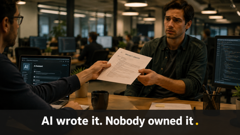 AI handoff mistakes in PM workflows — PM reviewing status update before sending to stakeholders