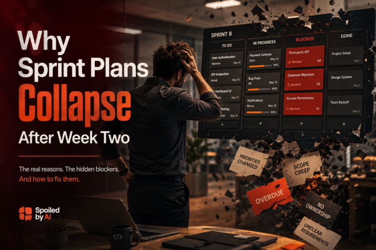 Why Sprint Plans Collapse After Week Two Software project manager reviewing a chaotic sprint board with blocked tickets, showing why sprint plans collapse after week two. Software project manager reviewing a chaotic sprint board with blocked tickets, showing why sprint plans collapse after week two.