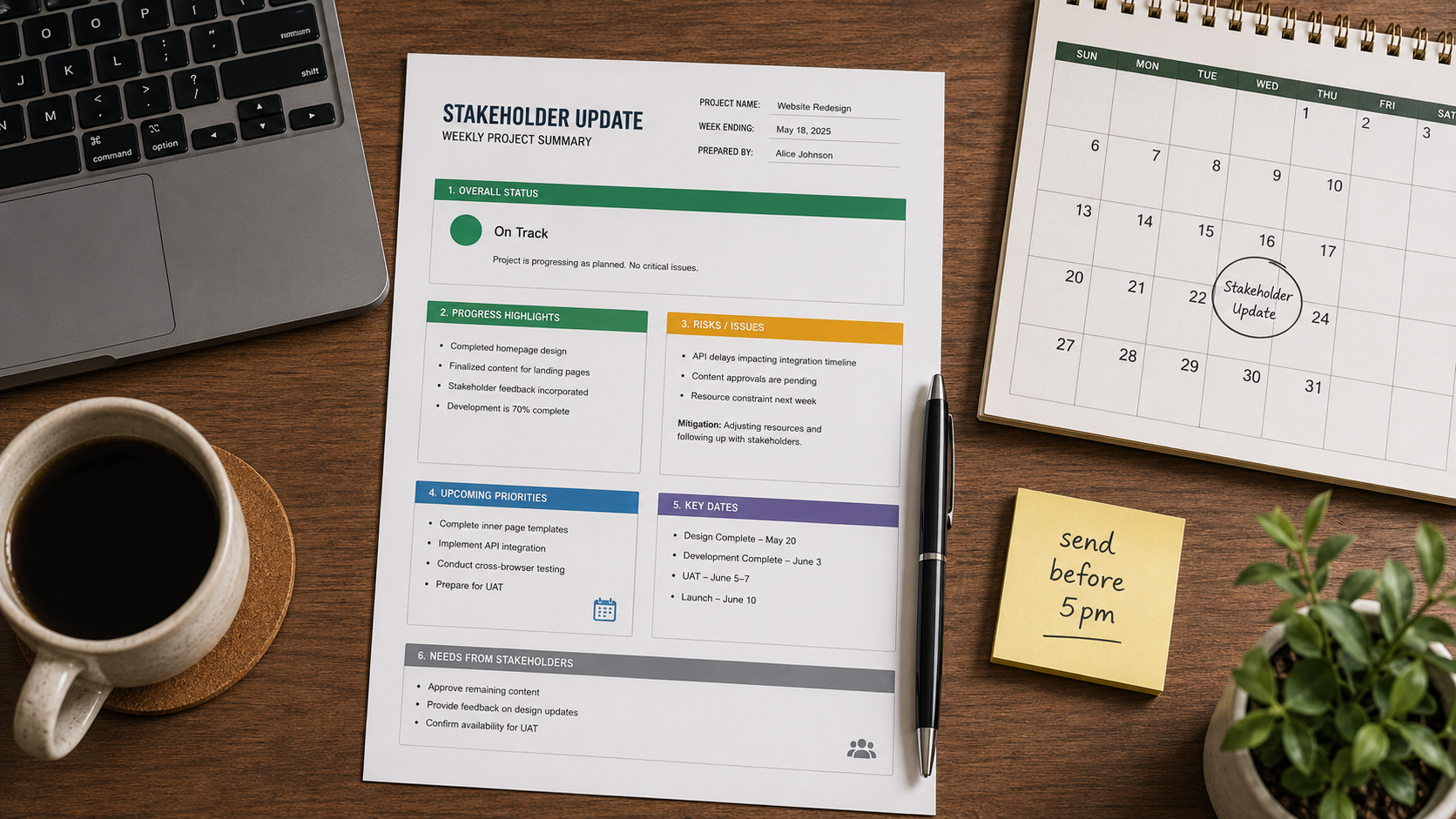 A project manager's desk with a printed stakeholder reporting system template, a pen, a calendar with a recurring Thursday circled, and a sticky note reading "send before 5pm"
