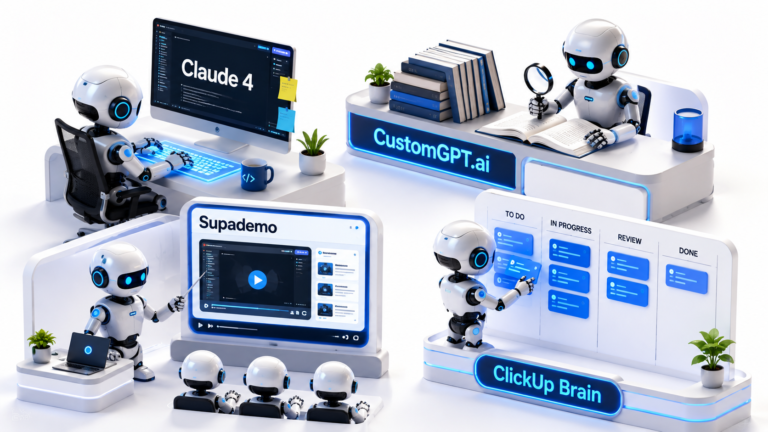 A 3D workspace showing the 4 best AI tools for project managers to cut workflow friction.