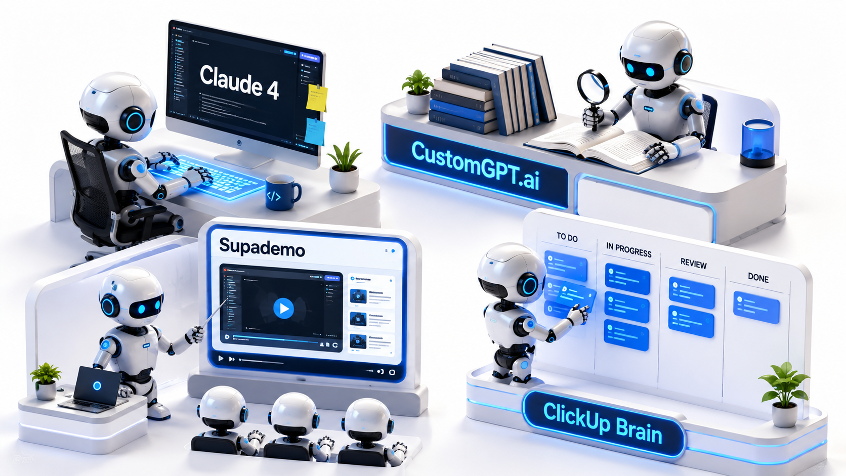 A 3D workspace showing the 4 best AI tools for project managers to cut workflow friction.