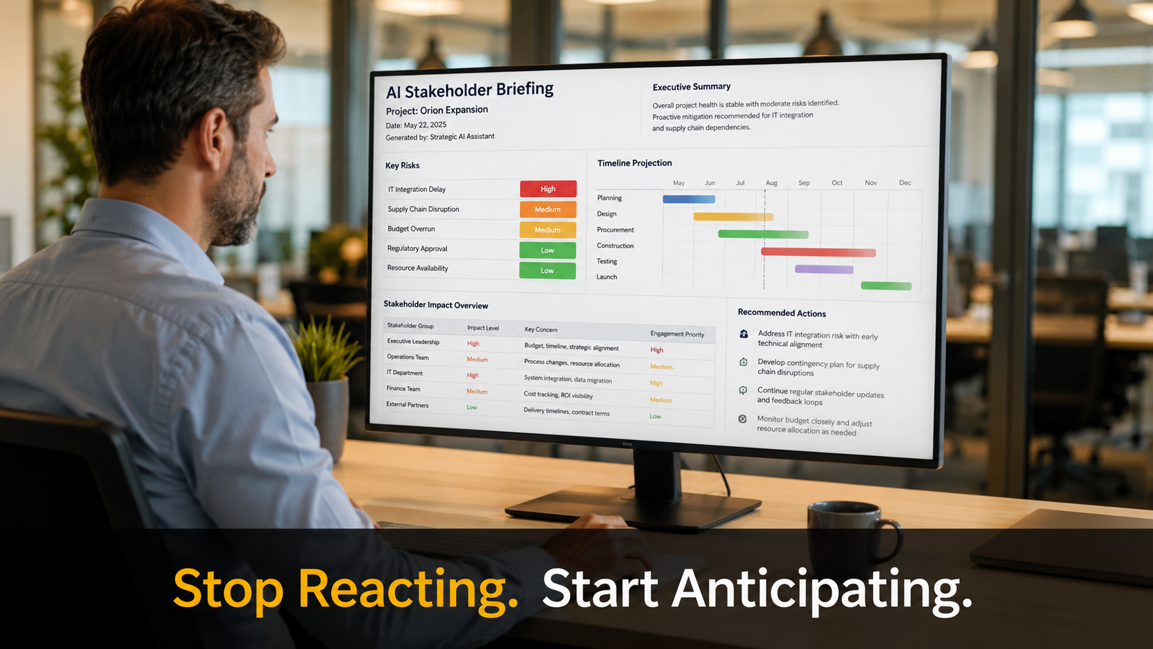 Project manager using AI tools on a laptop to prepare stakeholder briefing with risk scenarios and scenario frames visible on screen