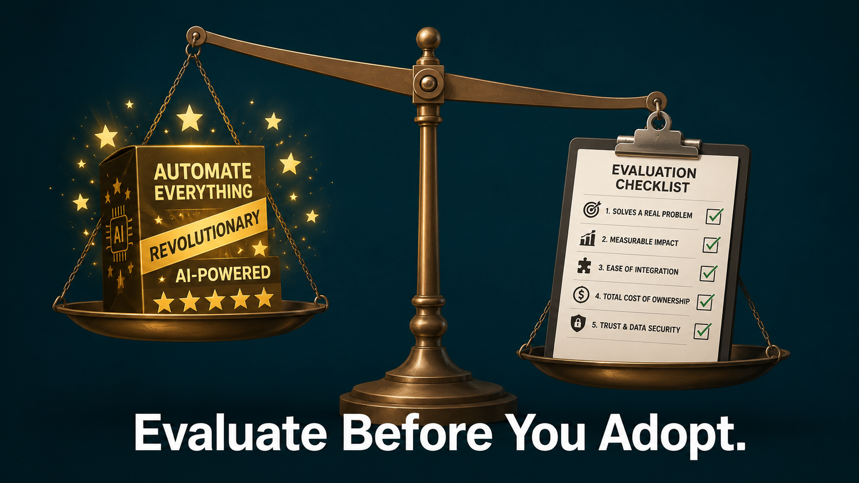 Flat editorial illustration of a scale weighing AI tool marketing claims against a structured checklist to evaluate AI tools without falling for hype
