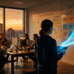 AI for retrospectives lifting forgotten action items back into focus on a team retro wall at dusk