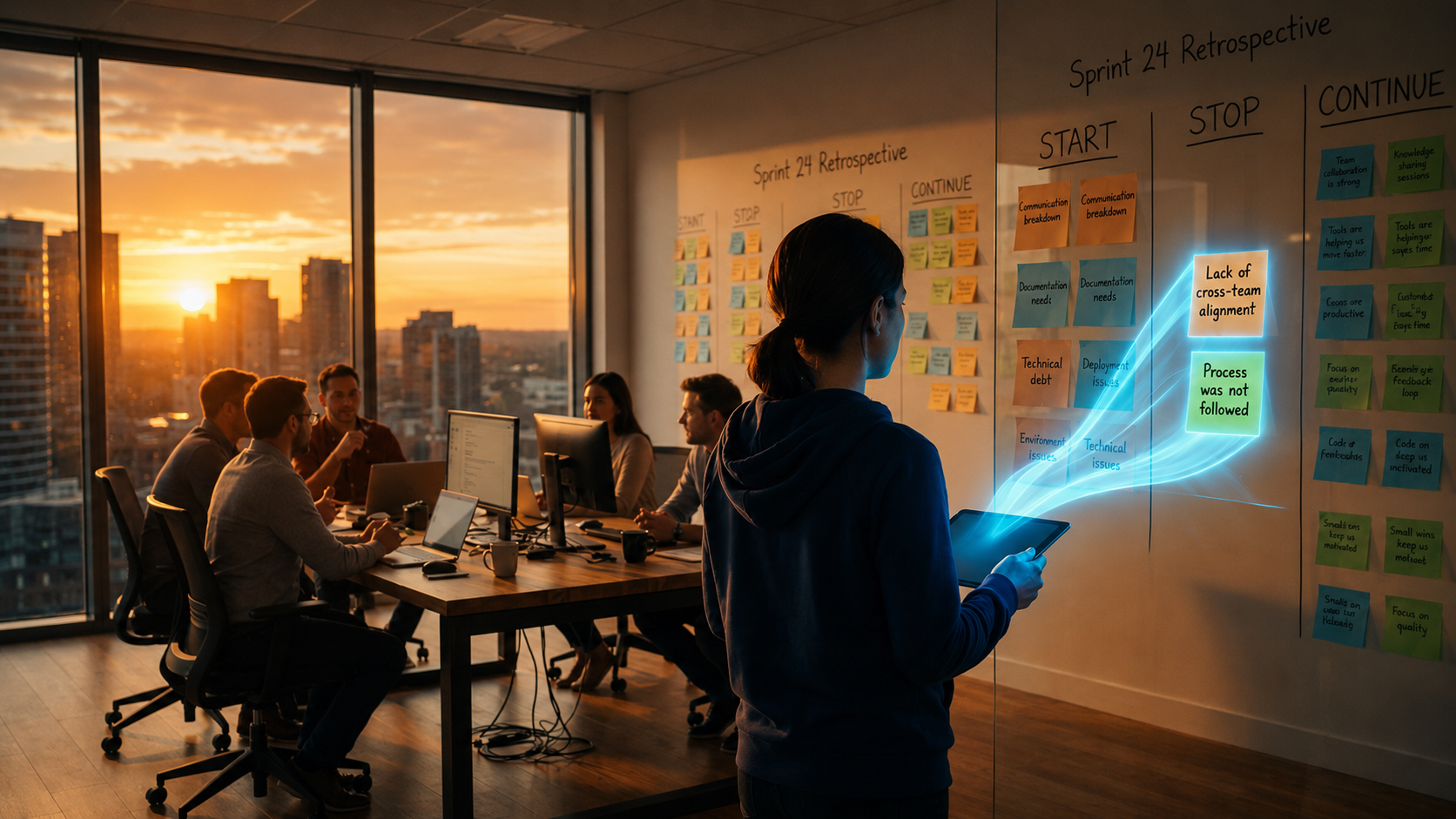 AI for retrospectives lifting forgotten action items back into focus on a team retro wall at dusk