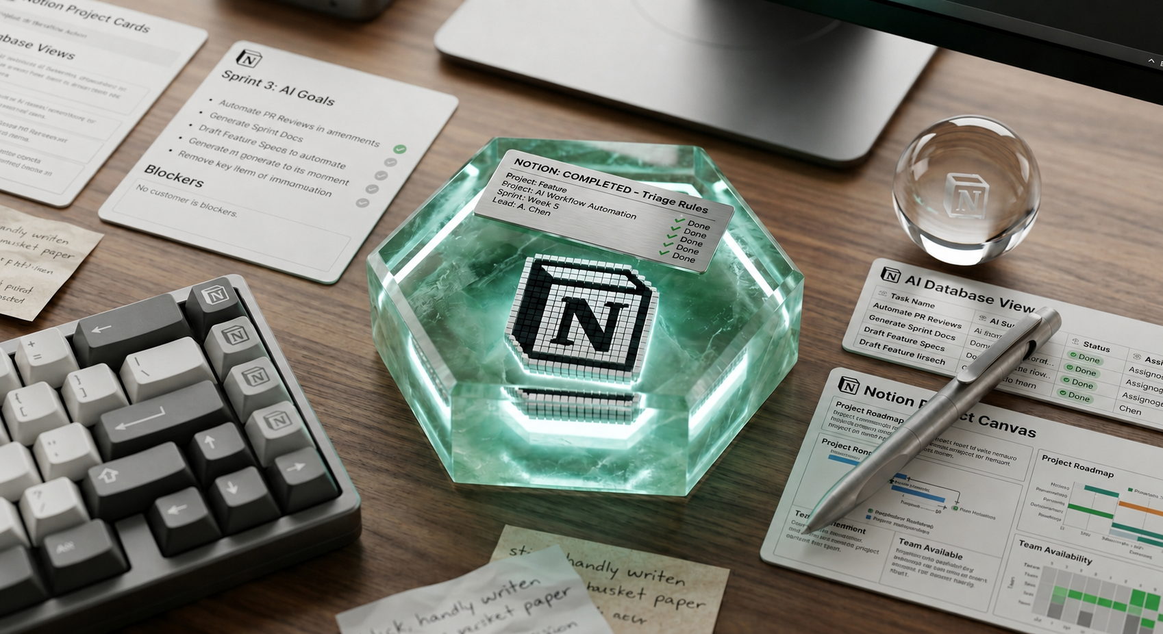 Notion AI PM workflow setup on a desk with a glowing crystal Notion logo, AI-generated sprint cards, database views, and a project roadmap