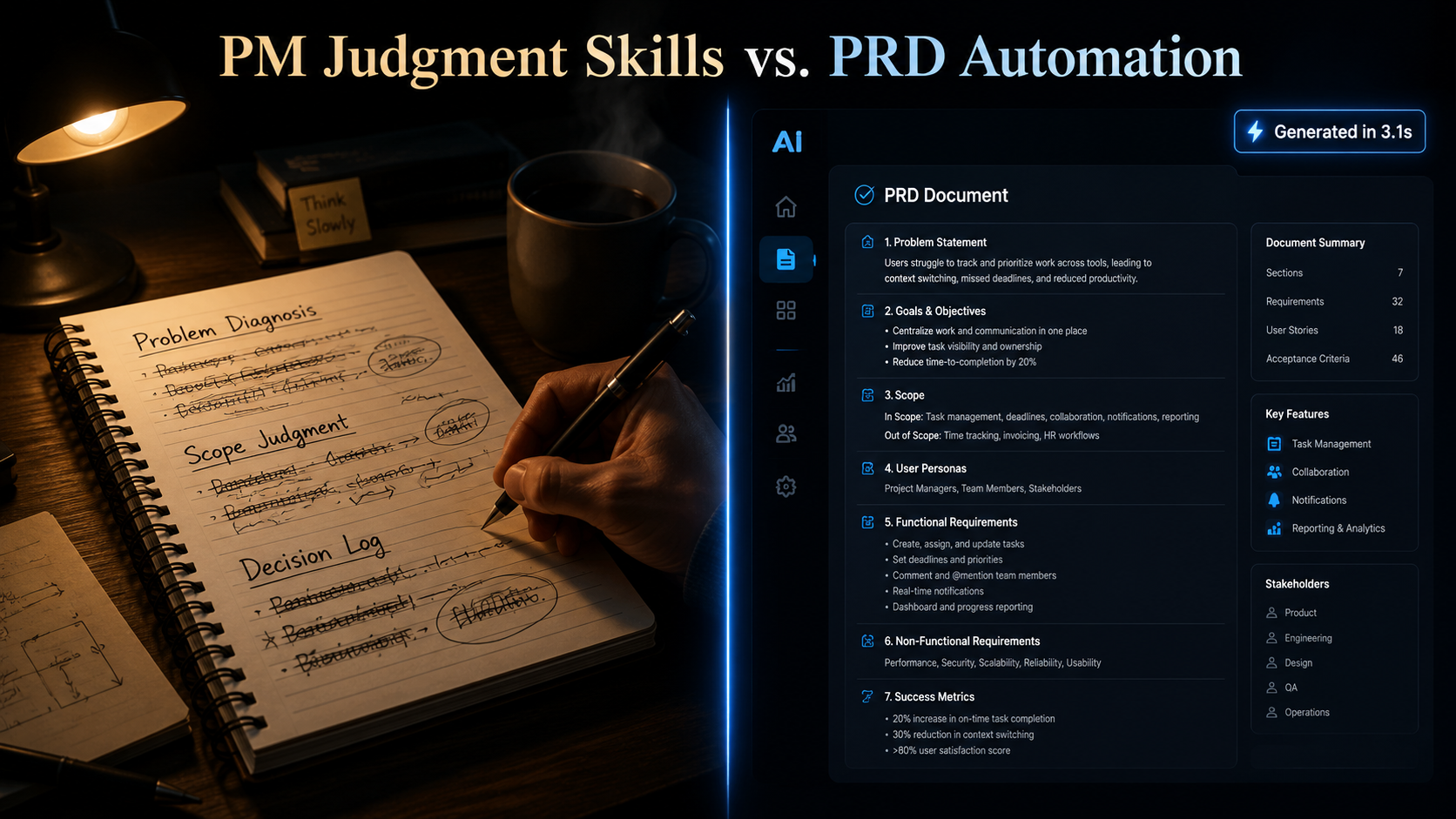 PM judgment skills compared to AI-generated PRD output side by side