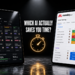 ClickUp vs Monday.com AI comparison showing both app dashboards side by side with a stopwatch