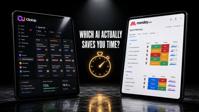 ClickUp vs Monday.com AI comparison showing both app dashboards side by side with a stopwatch
