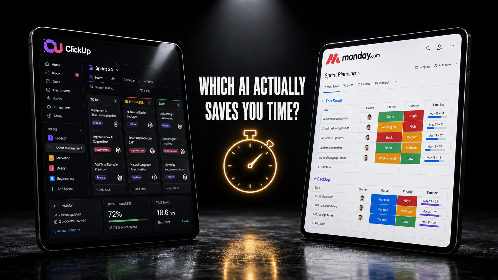 ClickUp vs Monday.com AI comparison showing both app dashboards side by side with a stopwatch