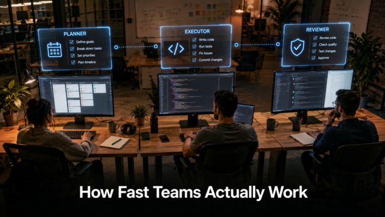 multi-agent systems for software teams — Planner Executor Reviewer agents displayed above three developer workstations in a modern tech office