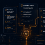 AI tools for writing PRDs shown as overlapping translucent document panels labeled User Stories, Acceptance Criteria, and Success Metrics on a dark navy background with amber and white accent lighting