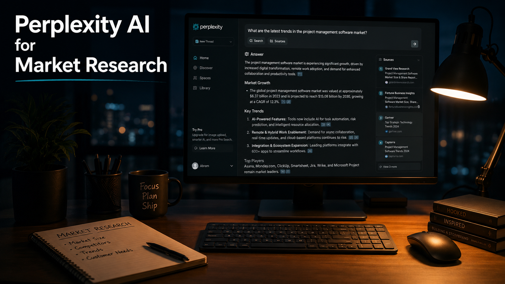 Perplexity AI for market research showing a cited answer about project management software market trends on a desktop monitor in a dark PM workspace