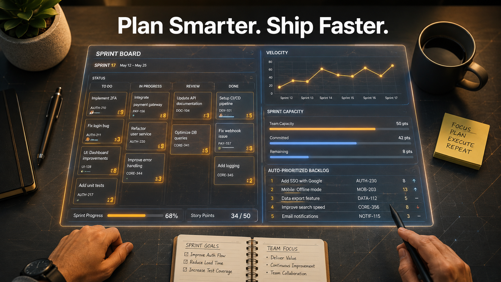 AI-powered sprint planning workflow showing velocity data and backlog automation on a digital interface