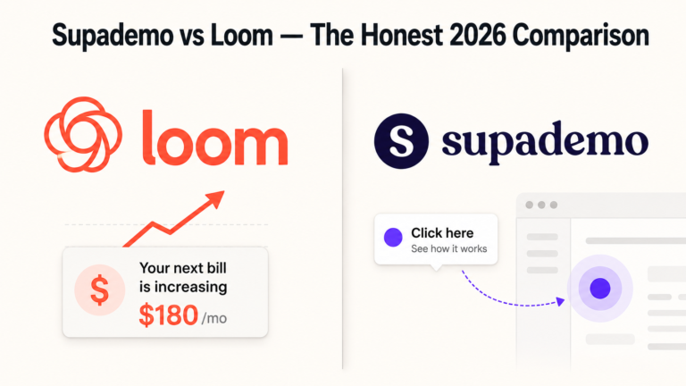 Supademo vs Loom comparison showing Loom's rising billing cost versus Supademo's interactive demo interface on a cream background