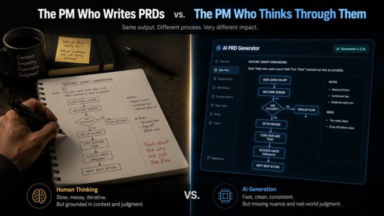 PRD automation shown as a split scene — human hand drawing a product flowchart on paper on the left, the same flowchart instantly generated by an AI interface on the right