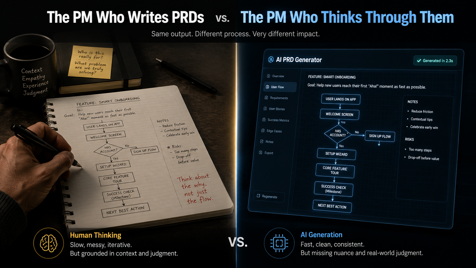 PRD automation shown as a split scene — human hand drawing a product flowchart on paper on the left, the same flowchart instantly generated by an AI interface on the right