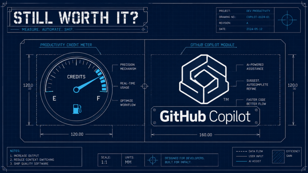 GitHub Copilot review 2026 — technical schematic of the AI credit meter and Copilot module