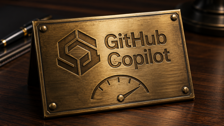 GitHub Copilot review 2026 — engraved brass plaque with GitHub Copilot logo and credit gauge