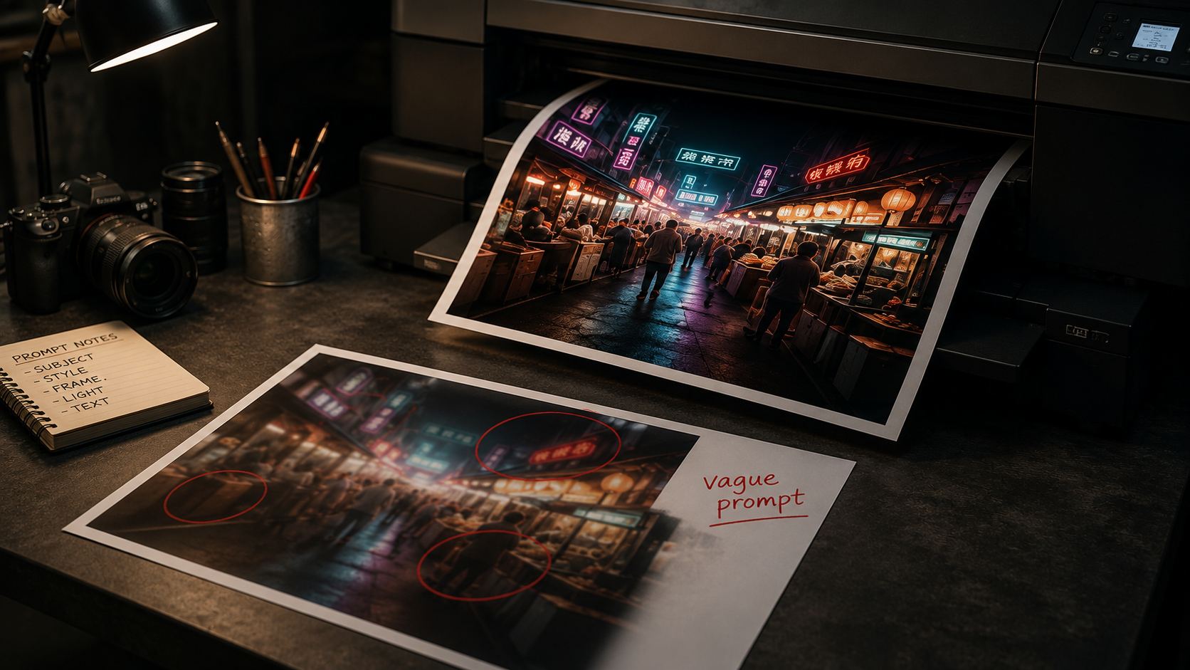 ChatGPT Images 2 tutorial — printed night market photo next to a rejected print marked vague prompt
