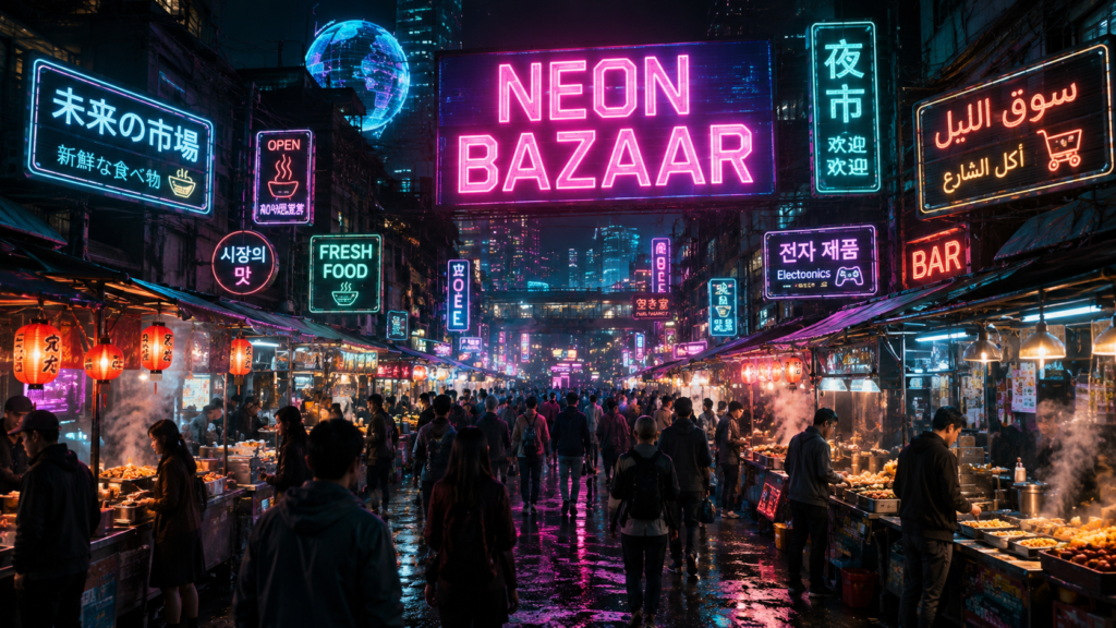 Crowded futuristic night market with a large NEON BAZAAR sign, generated with ChatGPT Images 2