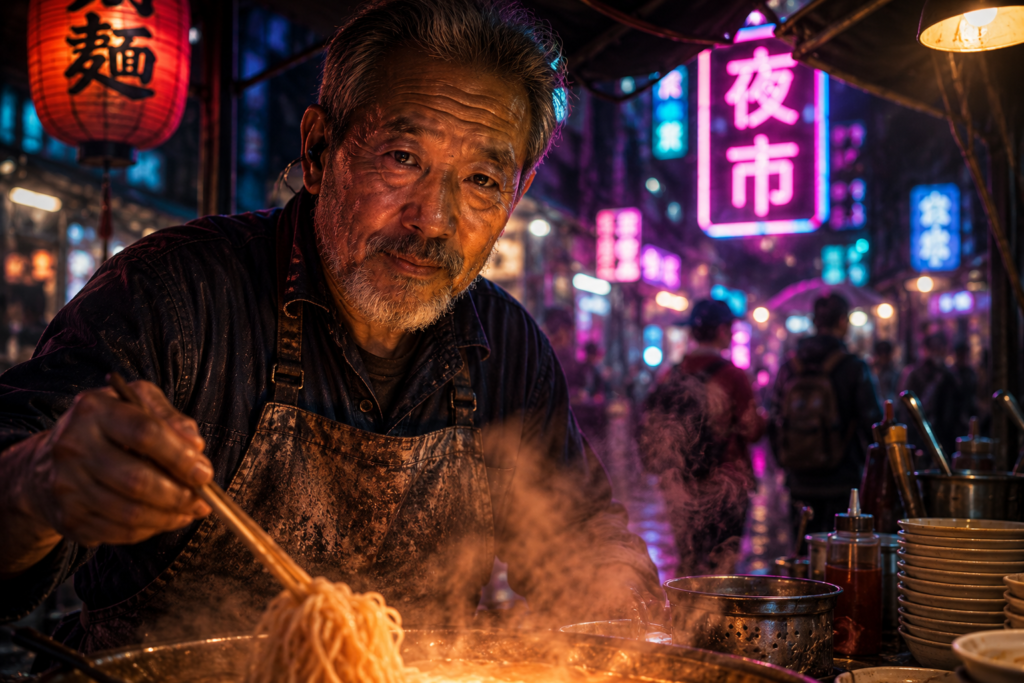 Close-up portrait of a gray-bearded noodle vendor in a worn apron at a neon night market stall