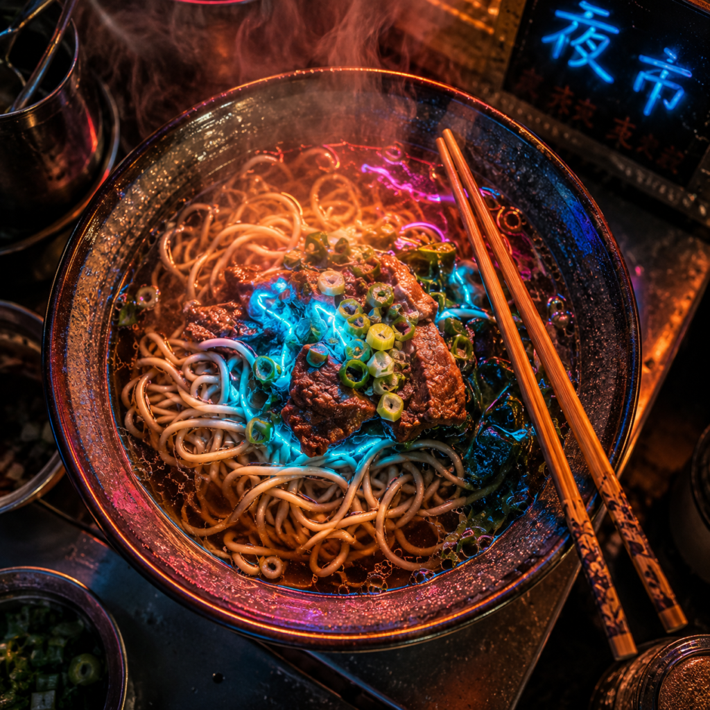 Overhead macro shot of a steaming noodle bowl with glowing blue garnish and chopsticks
