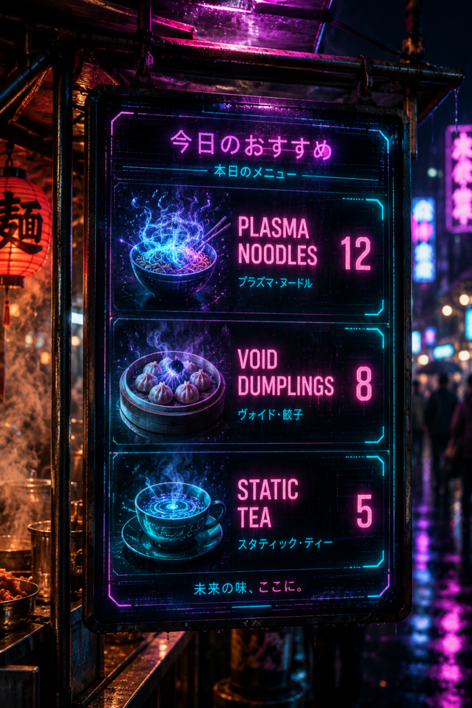 Backlit night market menu board reading Plasma Noodles 12, Void Dumplings 8, Static Tea 5