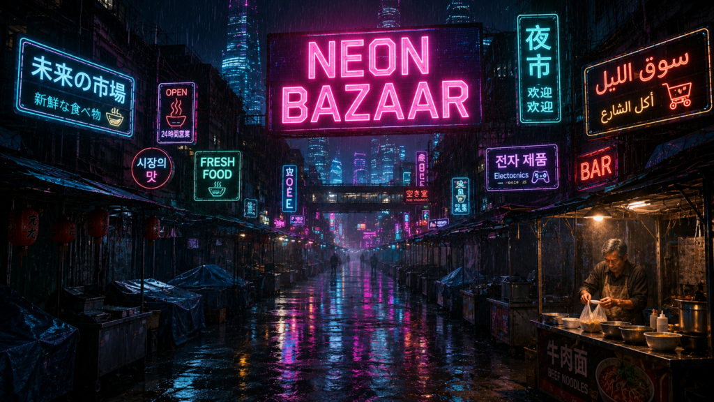 Rainy night market at closing time with dark stalls and one vendor working under the last lit lamp