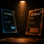 Monday.com AI pricing invoice compared to ClickUp AI invoice showing $260 versus $800