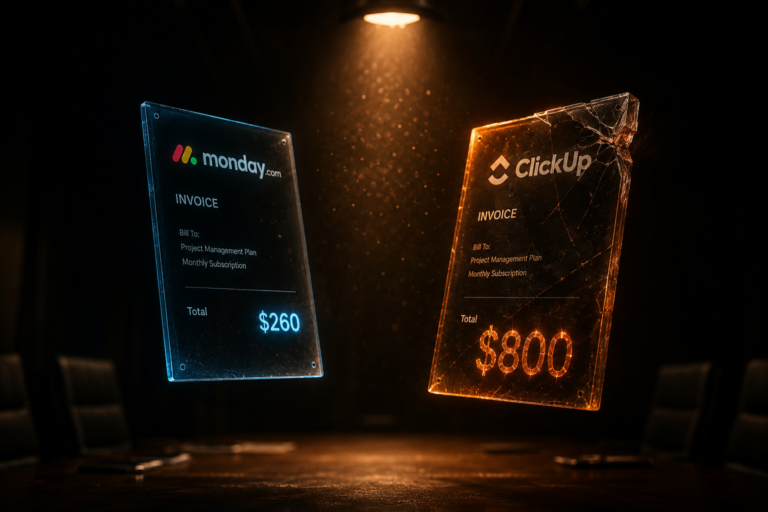 Monday.com AI pricing invoice compared to ClickUp AI invoice showing $260 versus $800