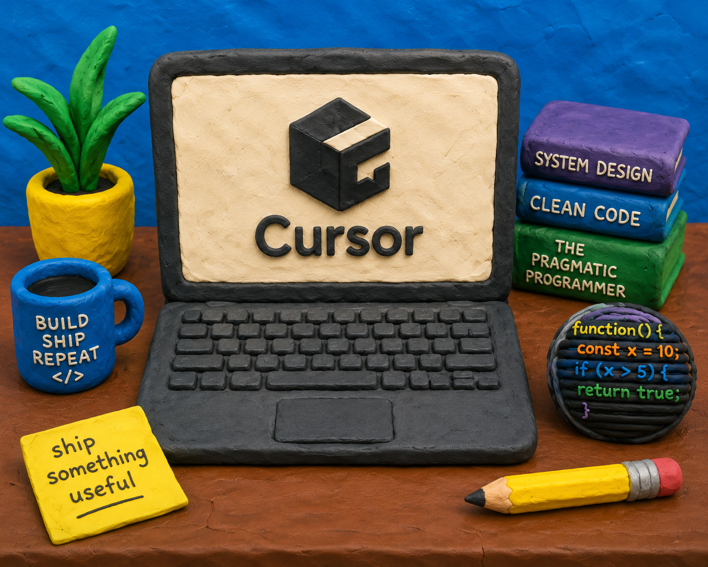 Cursor AI tutorial desk scene with a clay laptop showing the Cursor logo