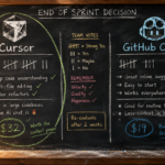 Cursor vs GitHub Copilot chalkboard comparison showing team votes, tally marks, and $32 versus $19 pricing after a two-week trial
