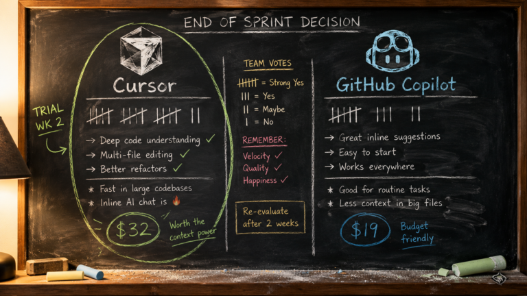 Cursor vs GitHub Copilot chalkboard comparison showing team votes, tally marks, and $32 versus $19 pricing after a two-week trial