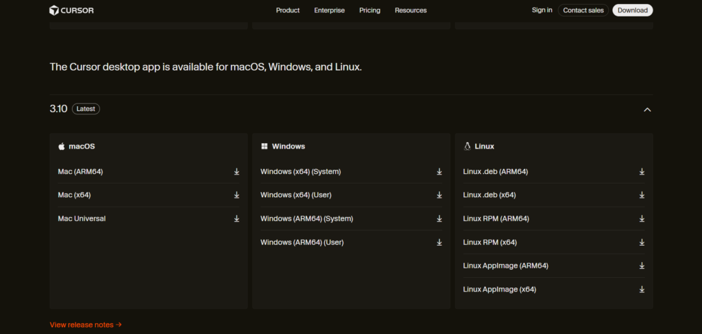 Cursor official download page showing macOS, Windows, and Linux installer options