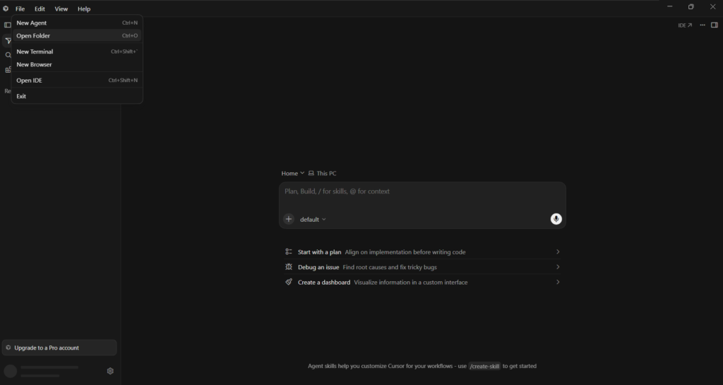 Cursor File menu open with Open Folder highlighted before creating a first project