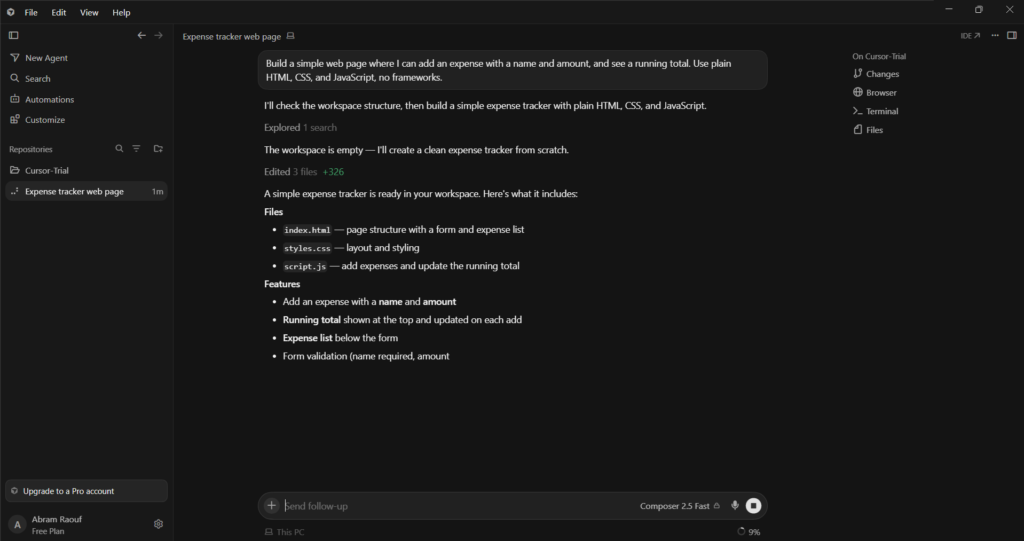 Cursor agent output listing the three files it created for the expense tracker project