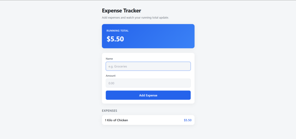 Expense tracker web page running in the browser with one expense added and total updated